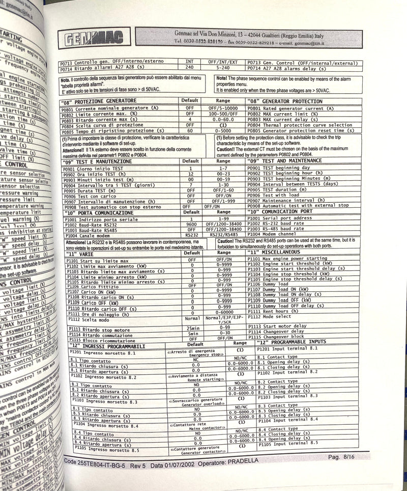 TE 804 Controller Manual, Includes Operation, Technical informational manual for the Elliott and Genmac Generators Models MPSG/HSG 12, 12, 19 and MPSD/HSD 17 and 21 diesel units