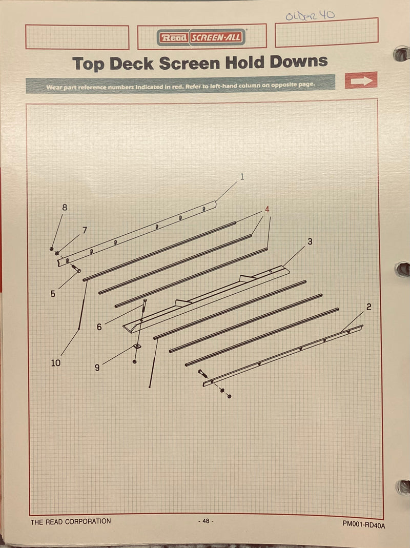 HD40ATD Side clamps, center hold down and diverter channels, used on the top deck of a RD 40A Read Screen All. This is sold as a complete kit and all necessary bolts and rubber channel is included. 2 week lead time.